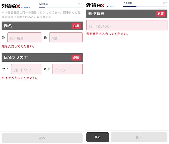 GMO外貨の実際の口座開設申し込み画面。